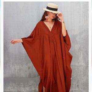 NWT BurntOrange Rust Swim Coverup‎ Caftan Vacay Beach Coastal Grandmother OSFM